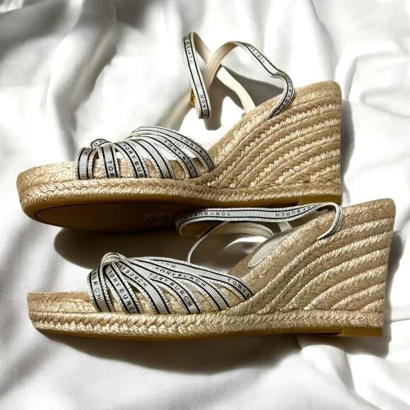 Tory Burch White Beige Logo Ribbon Wedge Espadrille Platform Sandals Heels Sz 9 - Picture 4 of 8